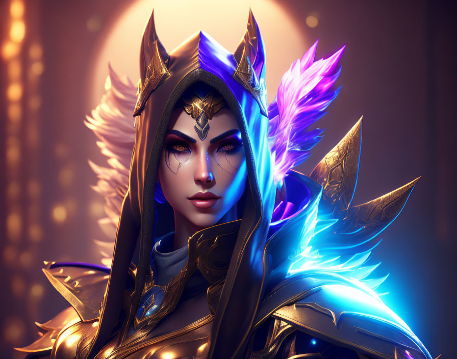 Female warrior digital artwork with golden armor, blue feathers, and intricate headdress on warm bokeh-l