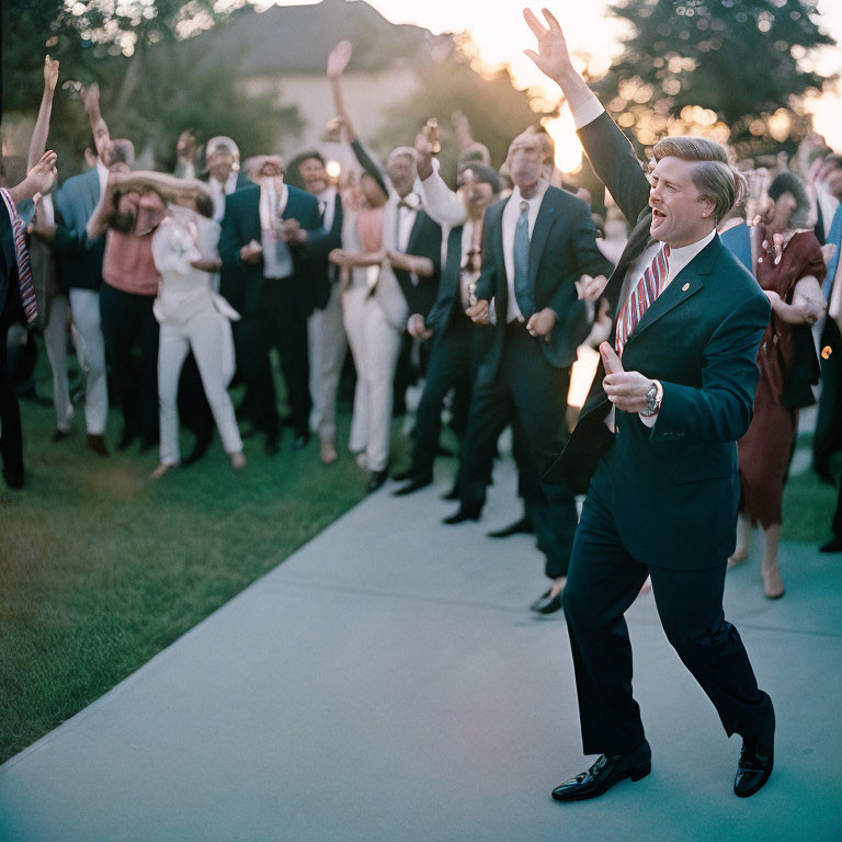 Group celebrating outdoors with man in suit leading the way and others cheering.