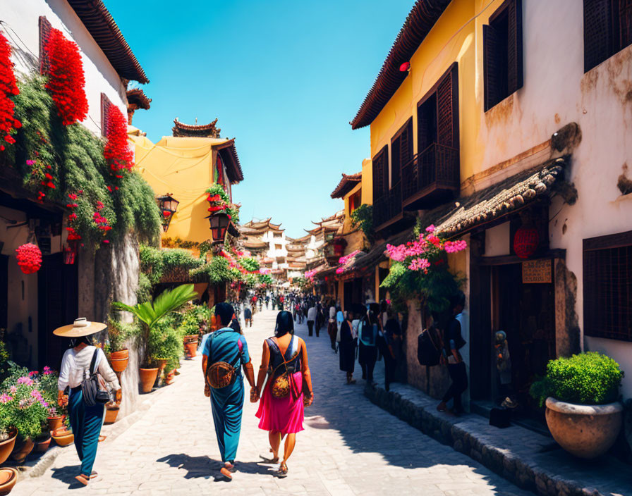 Colorful street scene with traditional architecture and people walking under clear skies