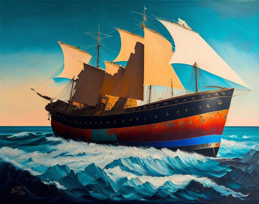 Detailed painting of large sailing ship on open sea with full sails, bright skies, and dark blue waves