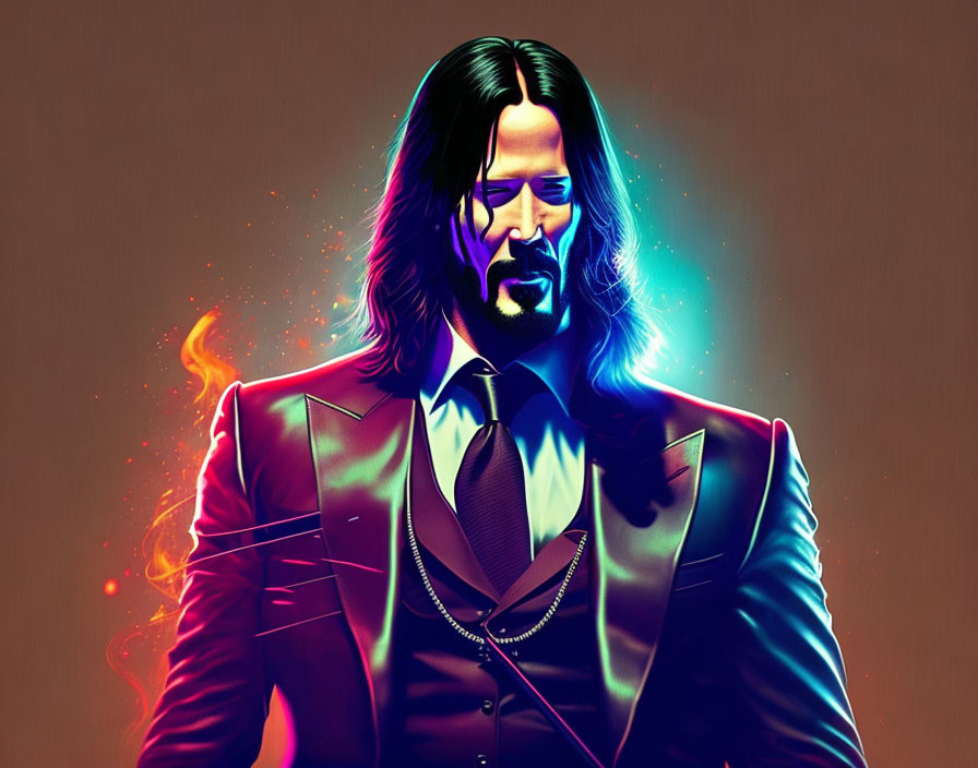 Man in Suit Digital Artwork with Neon and Flame Effects