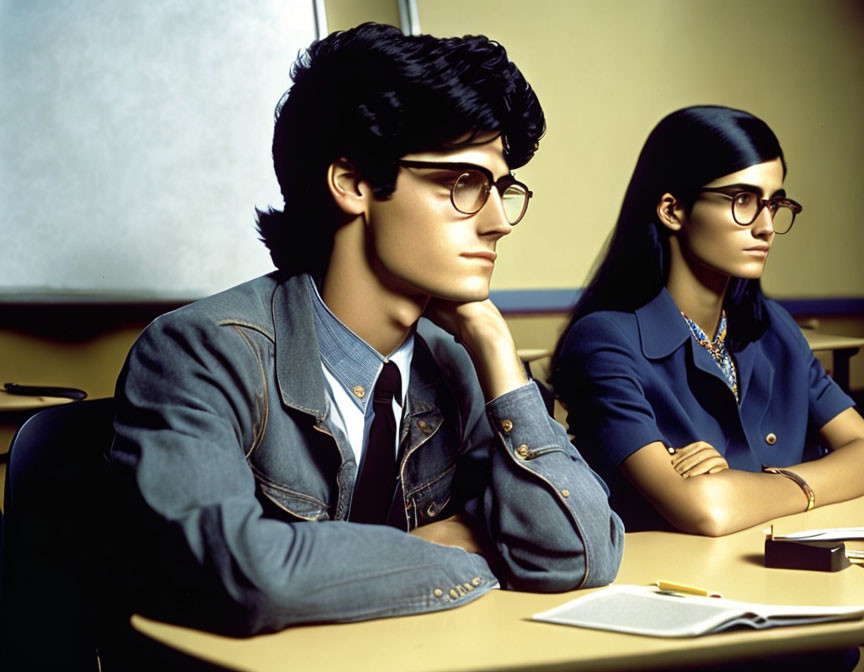 Two individuals with black hair and glasses in classroom setting, one male in denim jacket, one female in