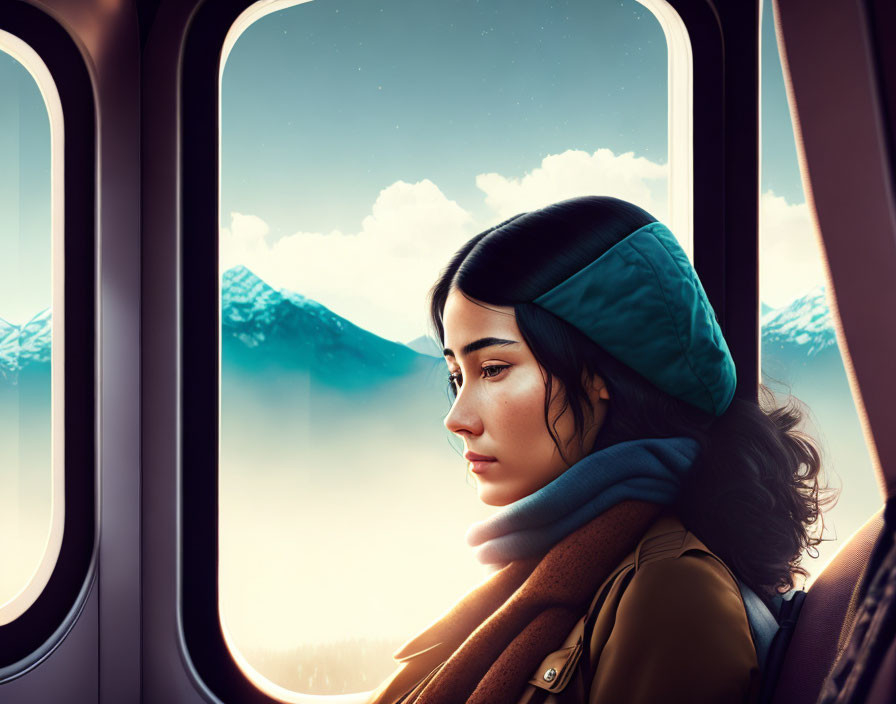 Woman looking at scenic mountain landscape from train window at sunset