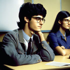 Two individuals with black hair and glasses in classroom setting, one male in denim jacket, one female in