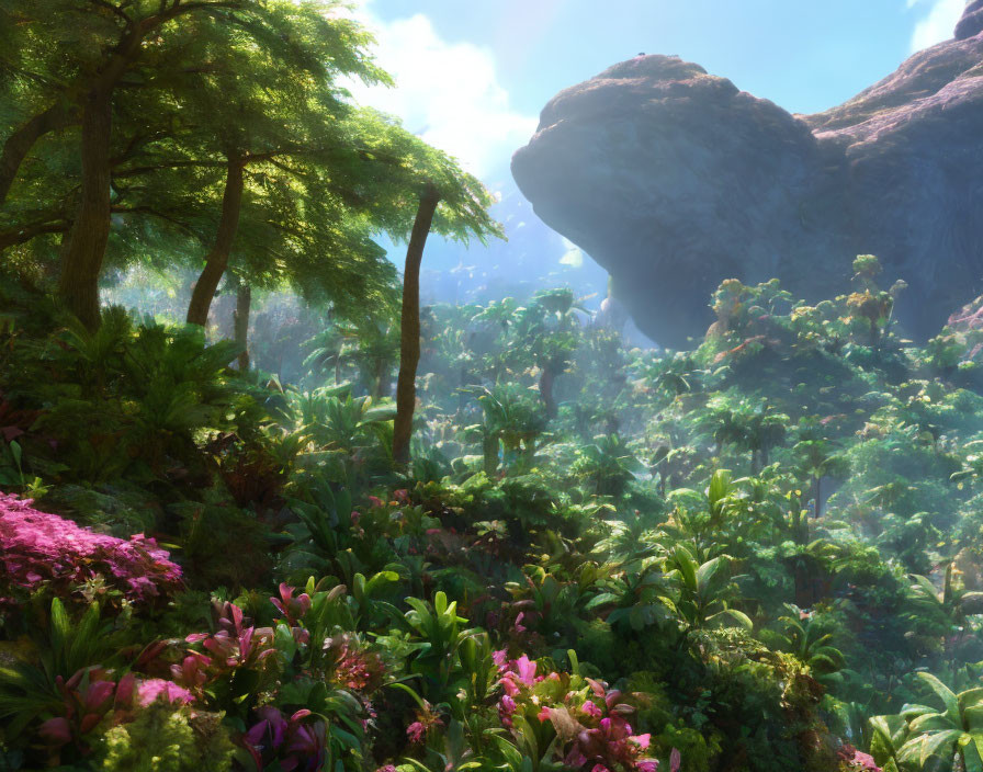 Vibrant forest scene with flowers, trees, and rock formation