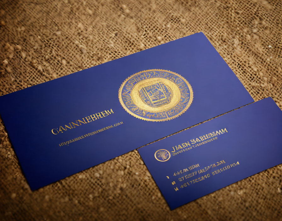 Blue and Gold Text Business Cards on Textured Brown Background