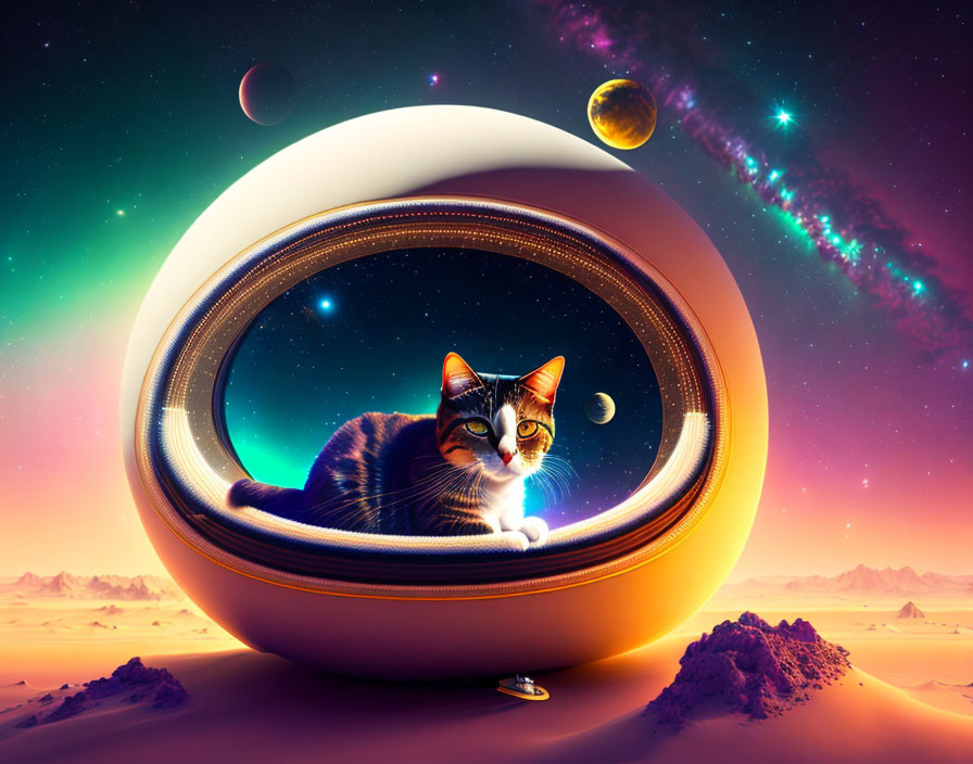 Cat relaxing in futuristic spherical pod with cosmic desert backdrop