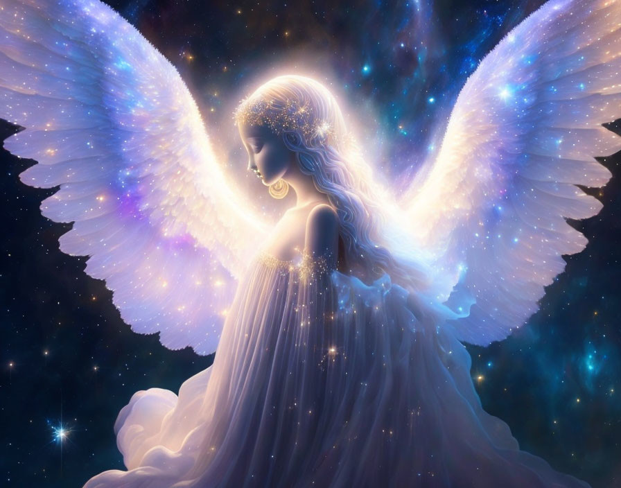 Celestial angelic figure with white wings in cosmic backdrop