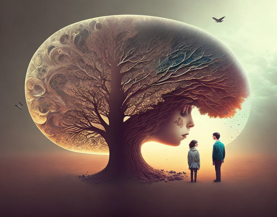 Surreal image of tree with woman's profile canopy and young couple under dusky sky