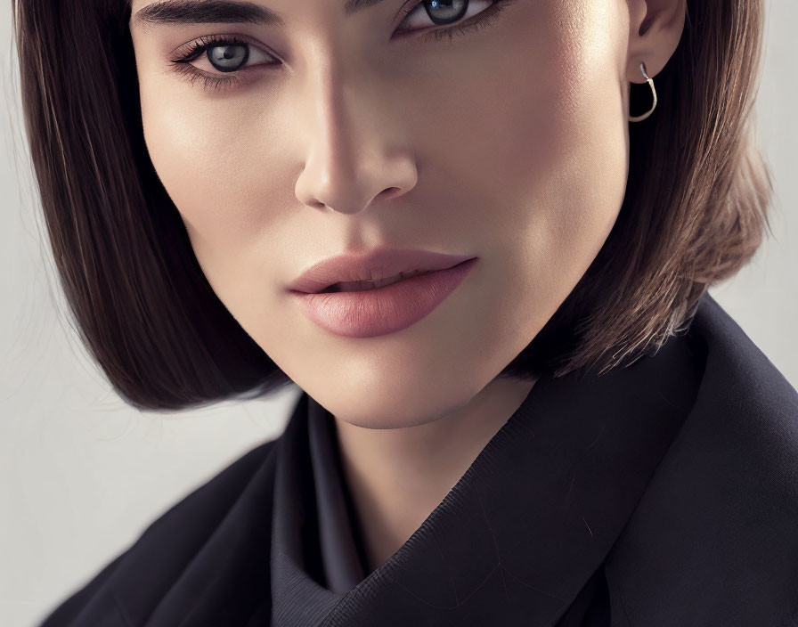 Close-up of woman with short brown bob, hazel eyes, subtle makeup, dark blazer