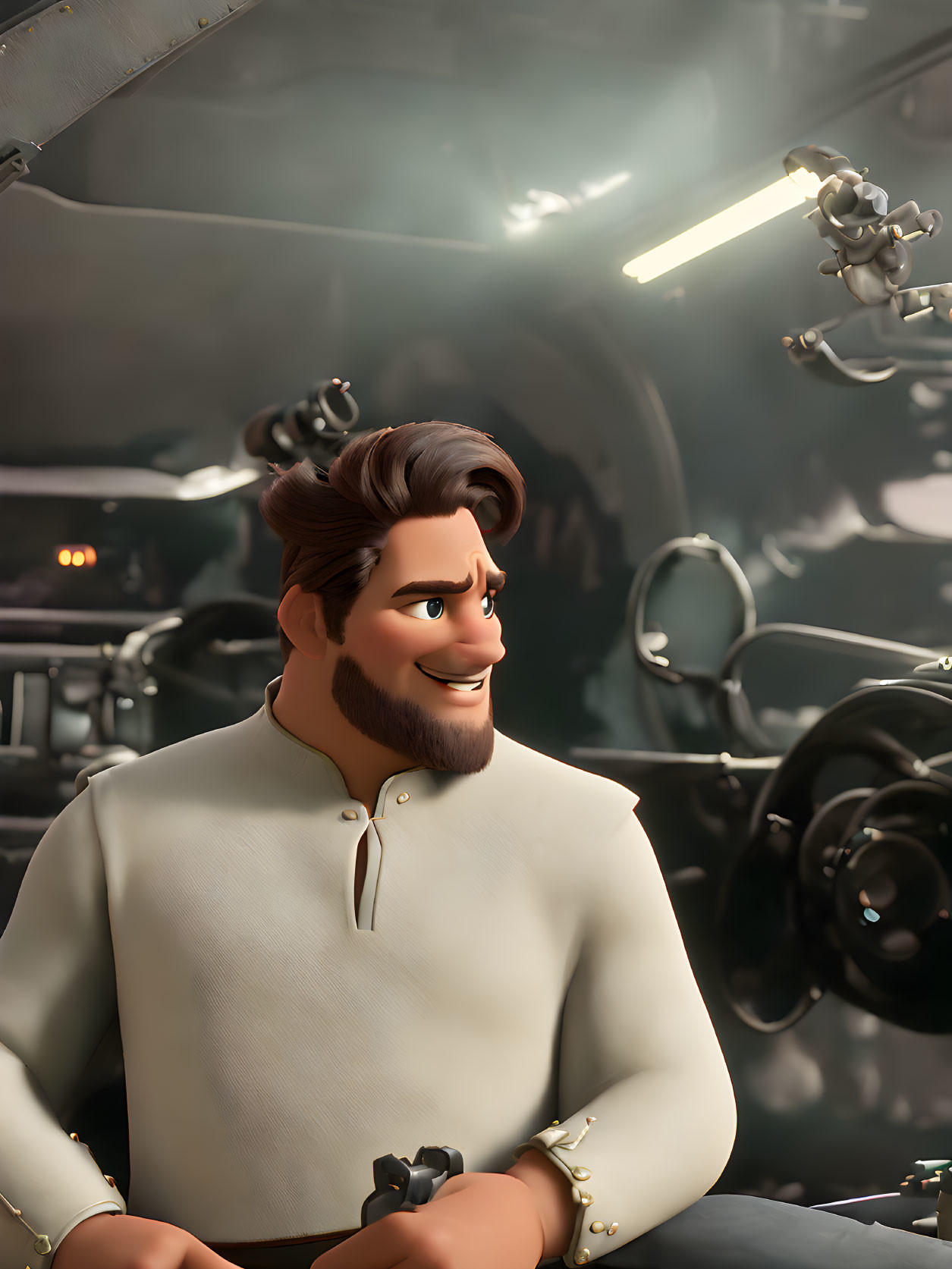 Smiling animated character in white shirt at robotic workshop