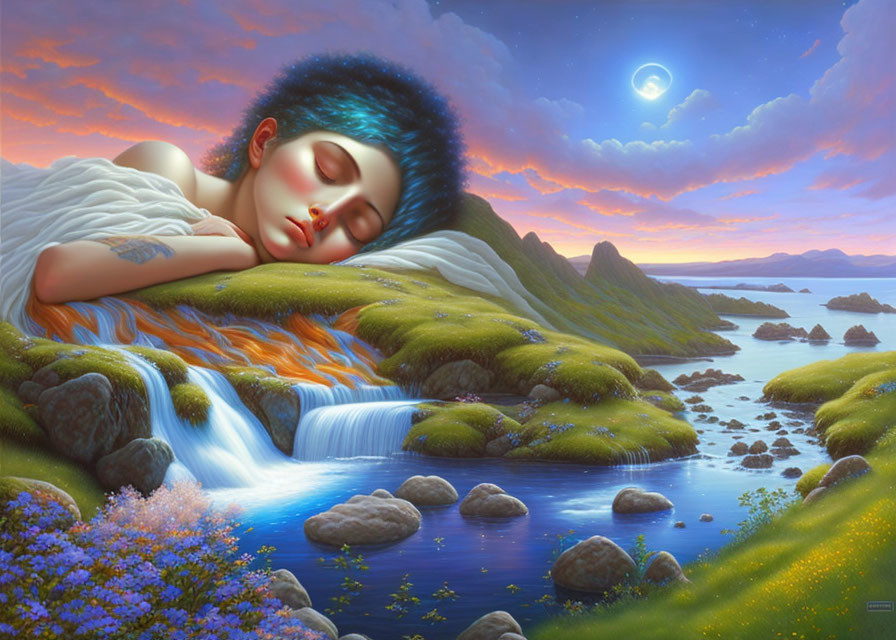 Giant Woman Sleeping in Lush Landscape with Blue Hair