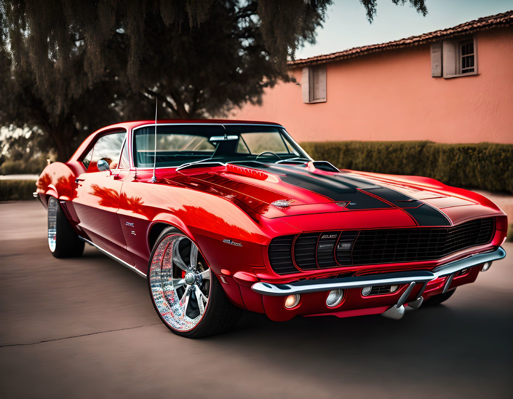 Classic Red Muscle Car with Chrome Wheels Parked Near Trees