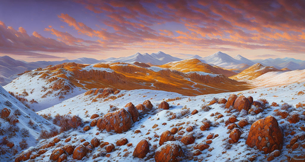 Panoramic mountain landscape with snow, rocks, and colorful sky