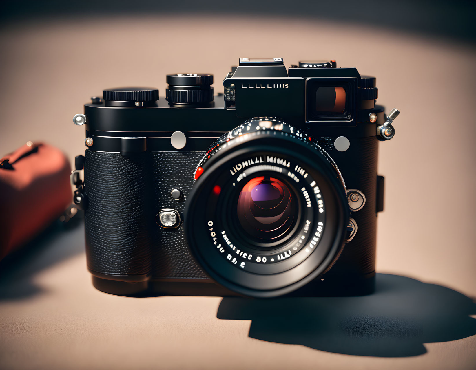 Classic Black Vintage Camera with Prime Lens and Leather Casing on Beige Background