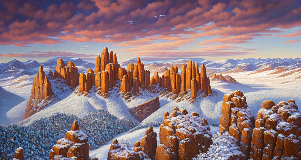 Snow-covered desert rock formations under streaky pink and blue skies