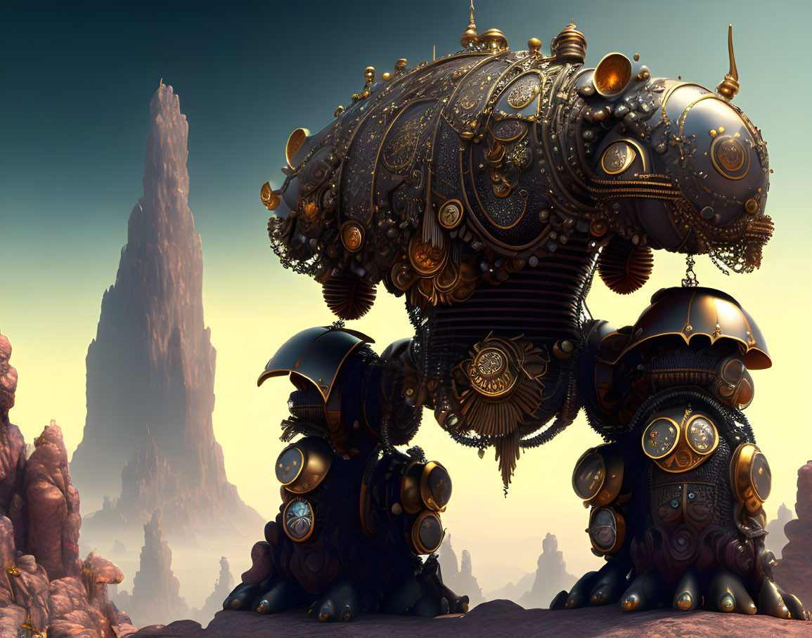 Ornate steampunk-style mechanical elephant in desert landscape