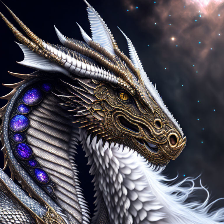 Detailed Majestic Dragon with Golden Adornments and Gem-like Eyes