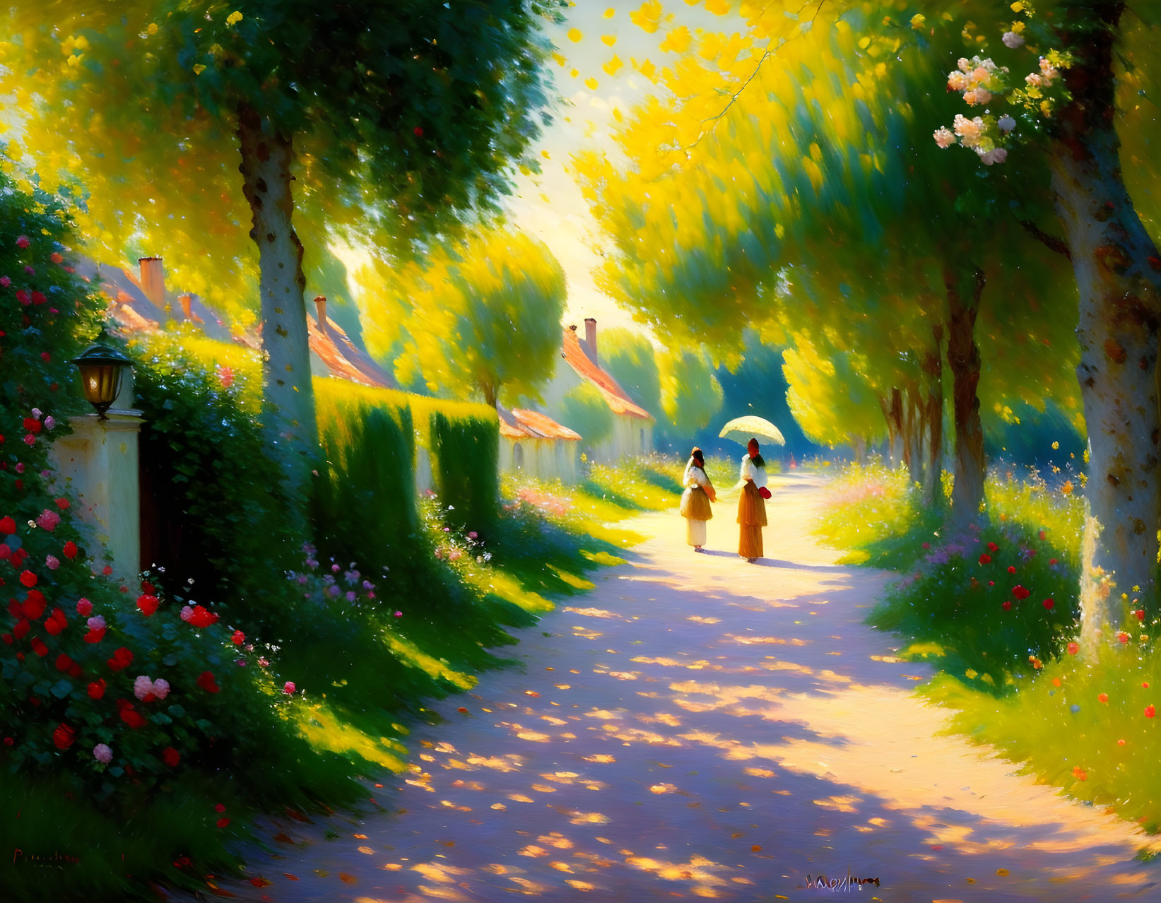 Colorful painting of figures walking on a sunlit path