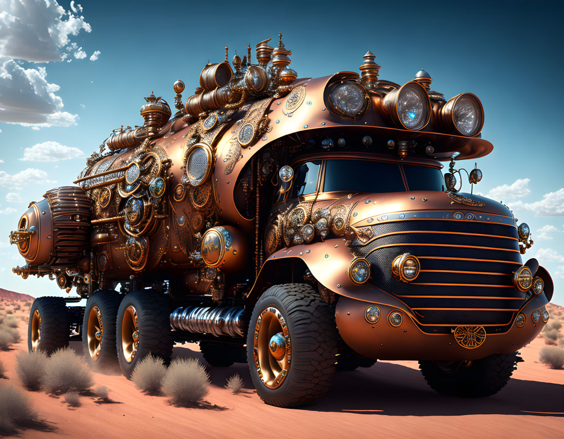 Steampunk-style vehicle with gears and metallic embellishments in desert landscape