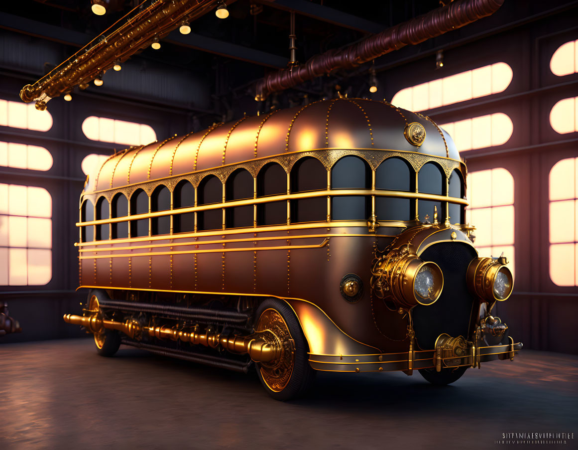 Intricately Designed Steampunk-Style Bus in Industrial Room