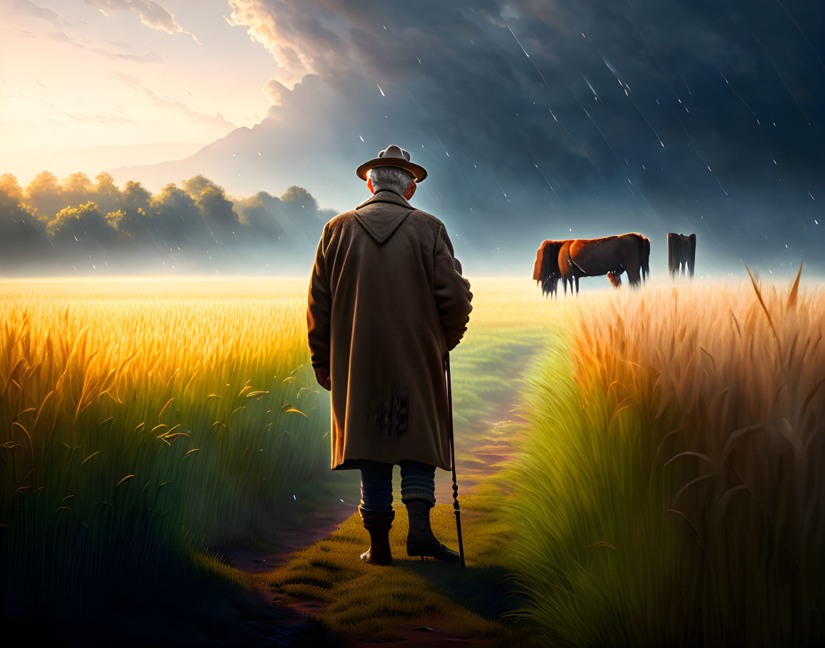 Elderly person with cane in field at sunset watching horses under stormy sky