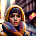 Digital portrait of woman in yellow fur-lined hood with bright makeup against city street backdrop.