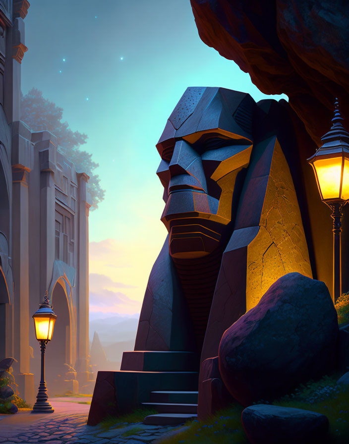 Massive geometric stone head by illuminated staircase at twilight