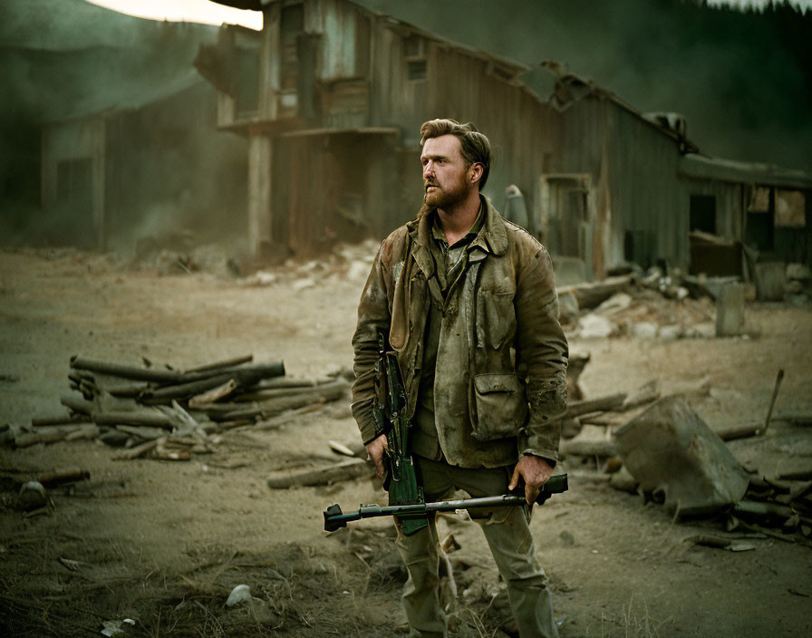 Bearded man in worn-out coat with crowbar in destroyed cityscape