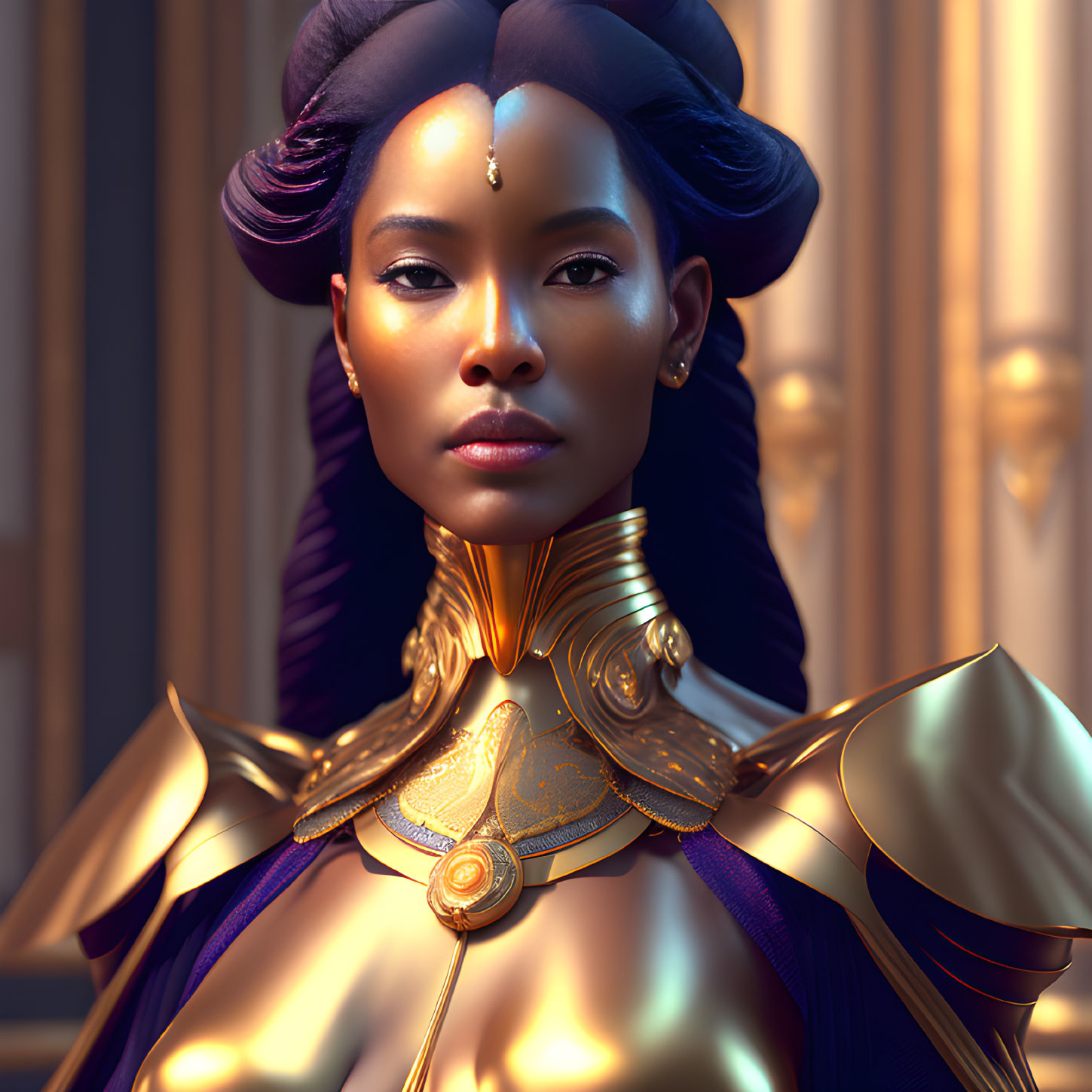 Regal woman in golden armor and purple attire under warm light