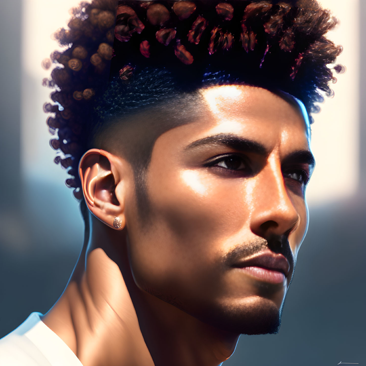 Detailed digital portrait of a man with stylized hairstyle and dramatic lighting