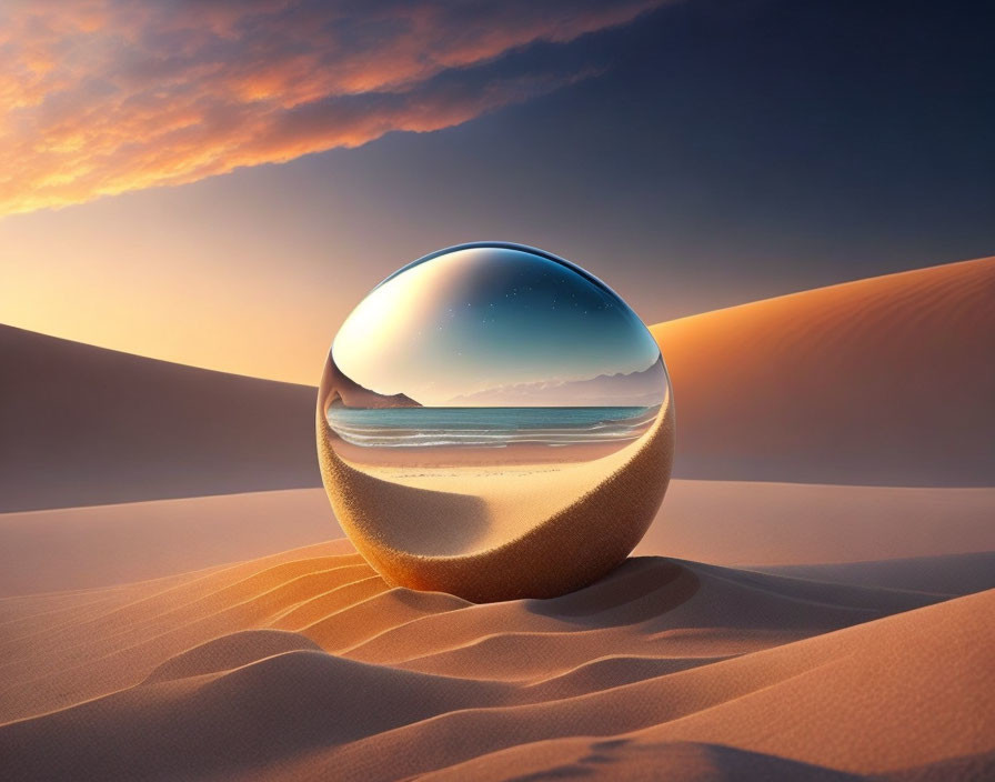 Crystal Ball Reflects Sunset Sky and Starry Night on Beach