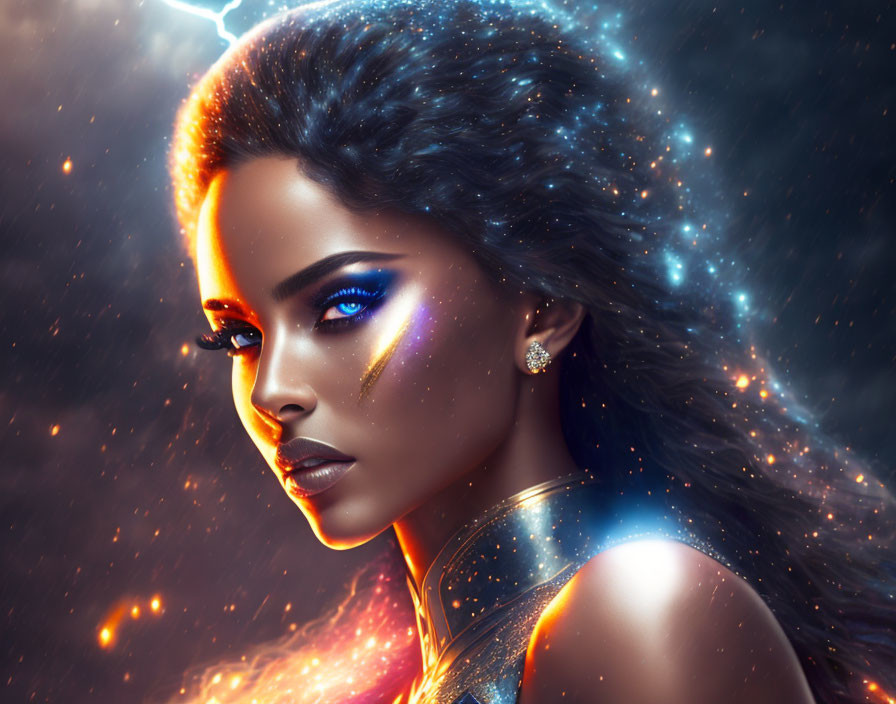 Cosmic-themed digital artwork of a glowing woman with blue eye makeup