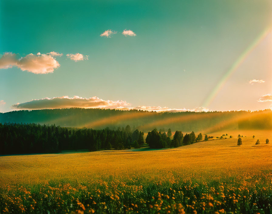 Vibrant sunset over blooming field, rainbow, and misty forest.