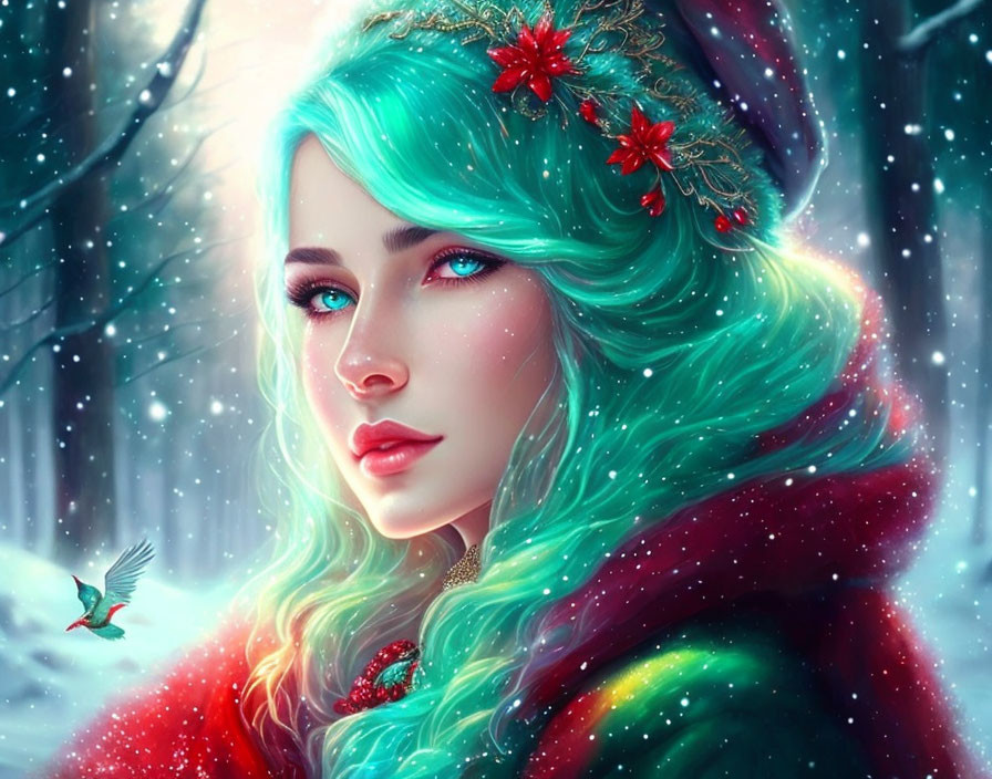 Digital illustration of woman with turquoise hair, blue eyes, winter cloak, crown, snowflakes,