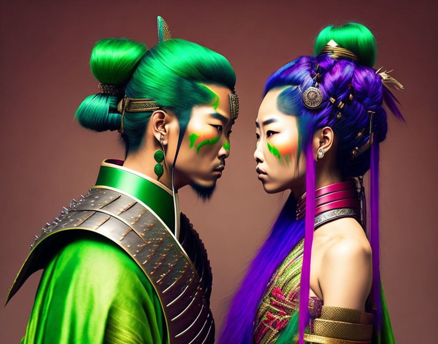 Two individuals in traditional attire with vibrant hair and painted marks facing each other.