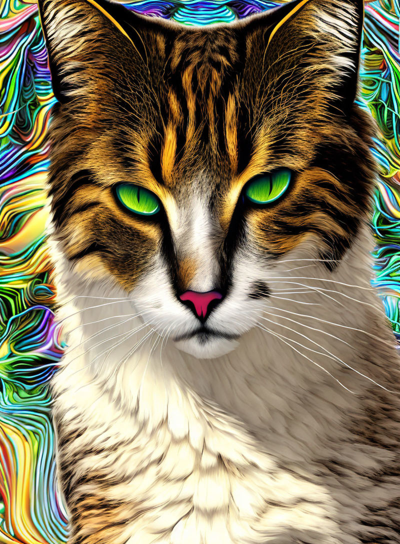 Colorful digital art: Cat close-up with green eyes and abstract background