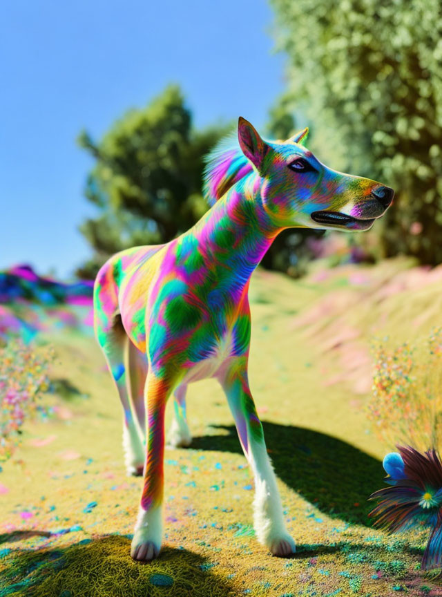 Colorful Iridescent Dog in Surreal Rainbow Landscape