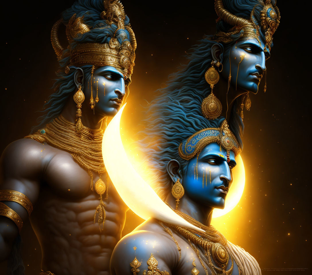 Blue-skinned figures with regal headgear in celestial setting