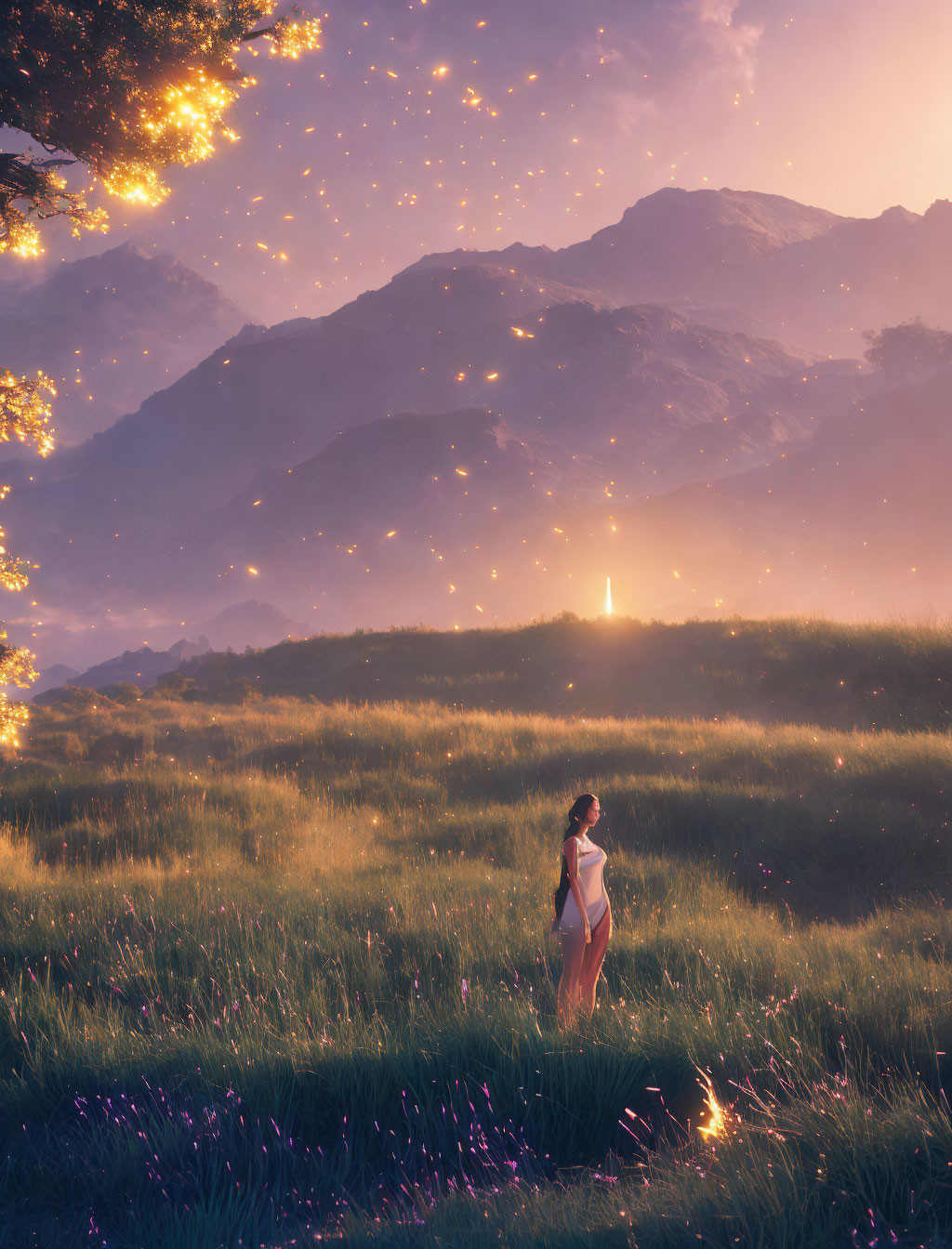 Woman in field at dusk with glowing lights, mountains, and distant tower.