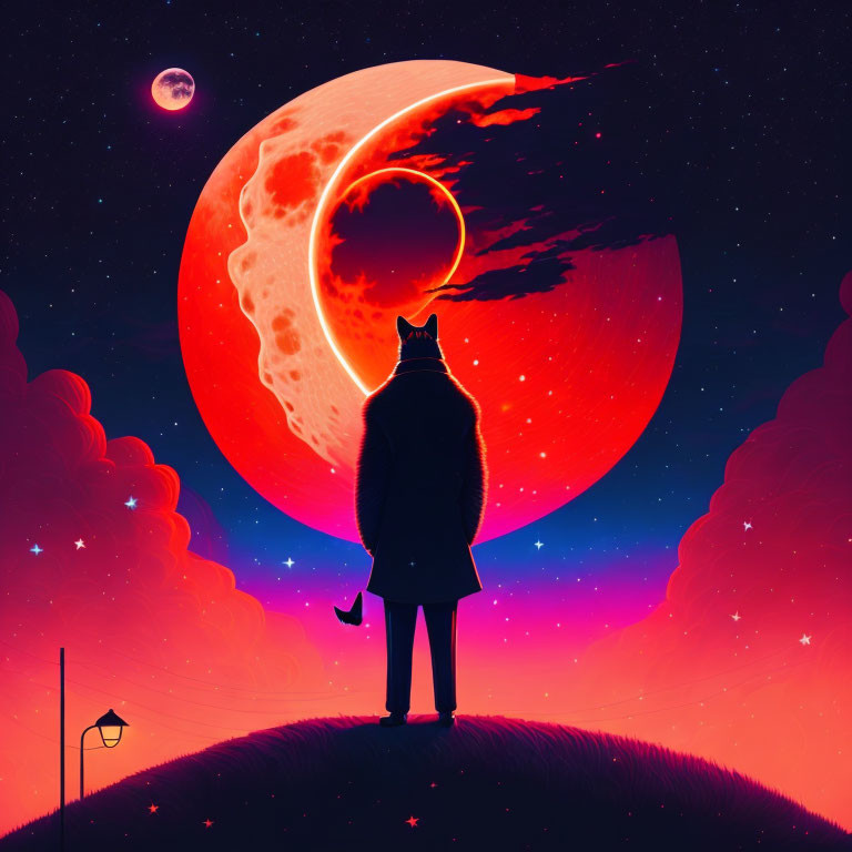 Surreal humanoid cat on hill under giant moon in vibrant sky