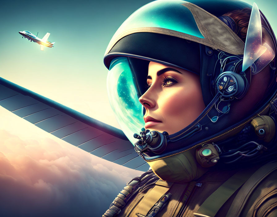 Female pilot in helmet with reflective visor, starscape and aircraft wing in digital art.