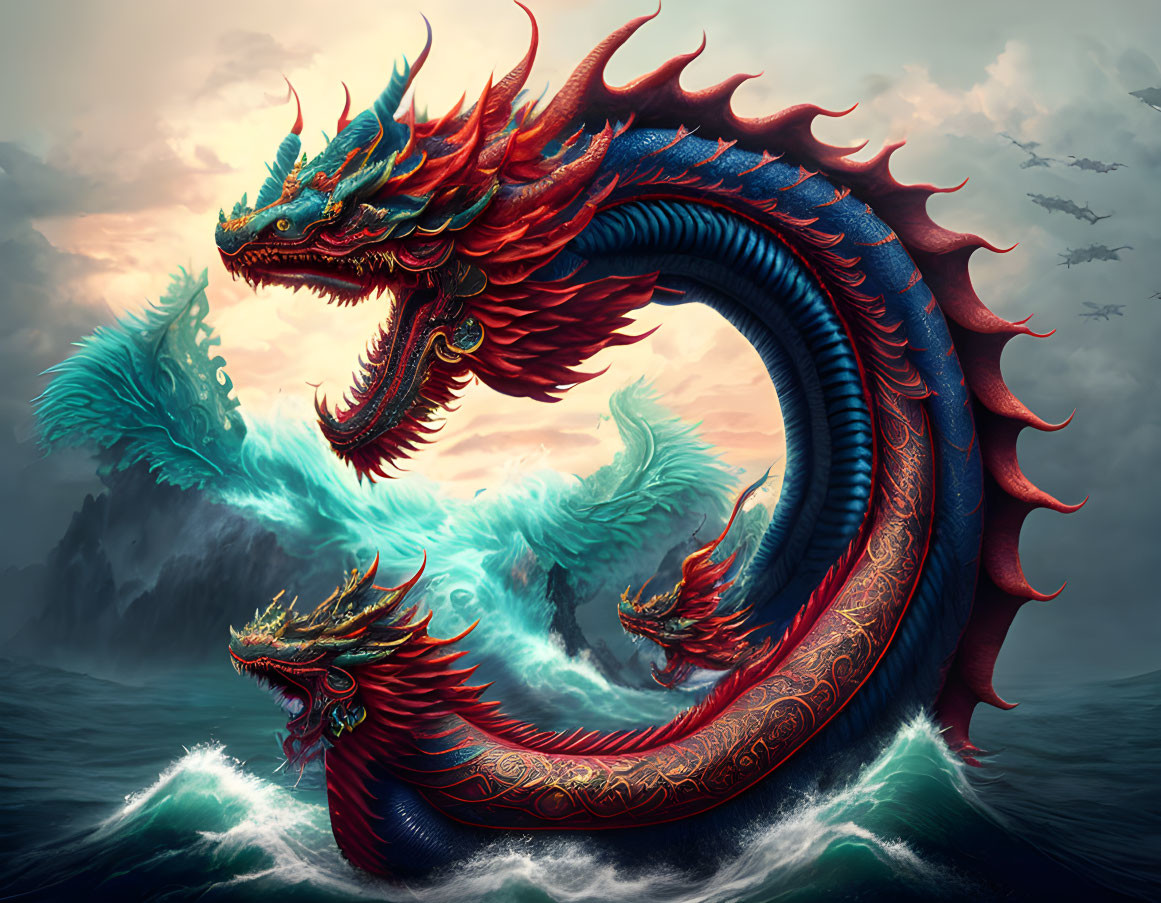 Intricate red dragon spiraling above ocean waves and cloudy sky