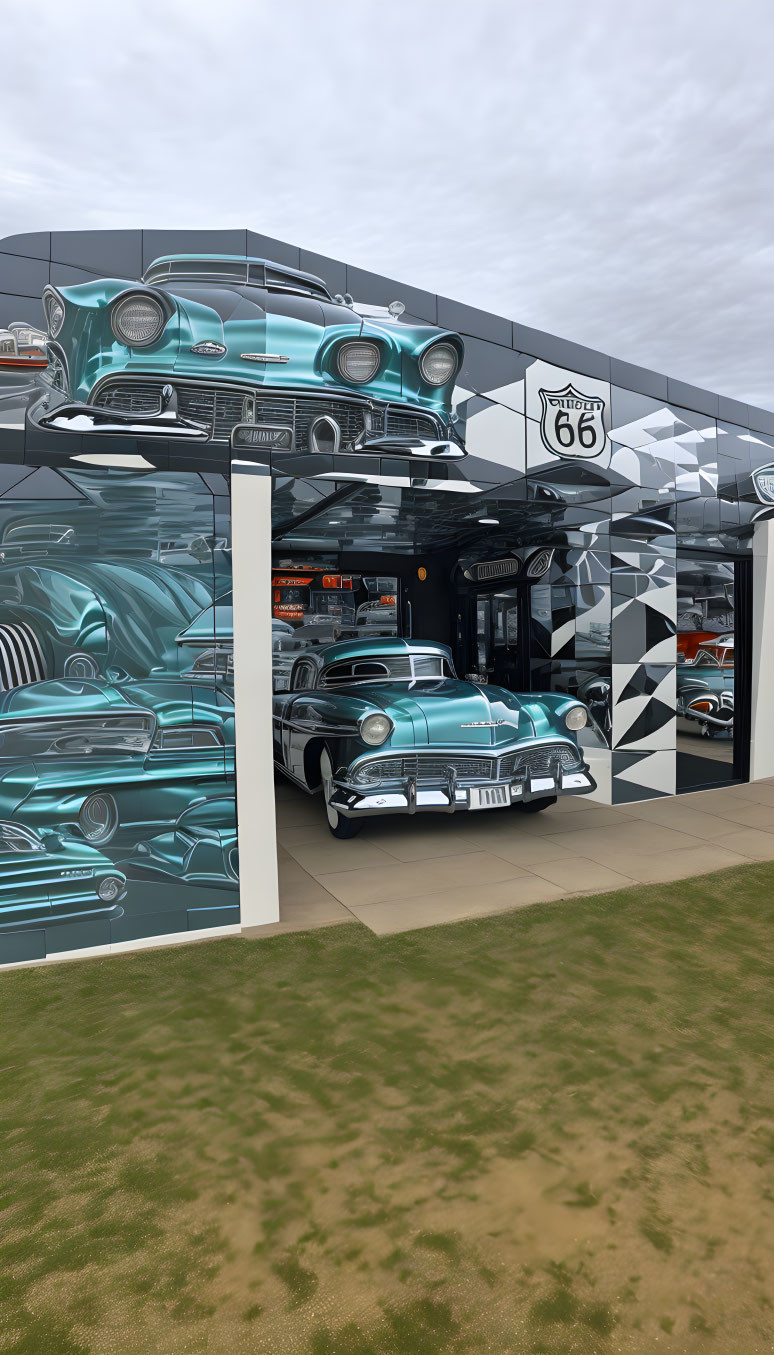 Colorful mural of classic cars and Route 66 signage with 3D turquoise car.