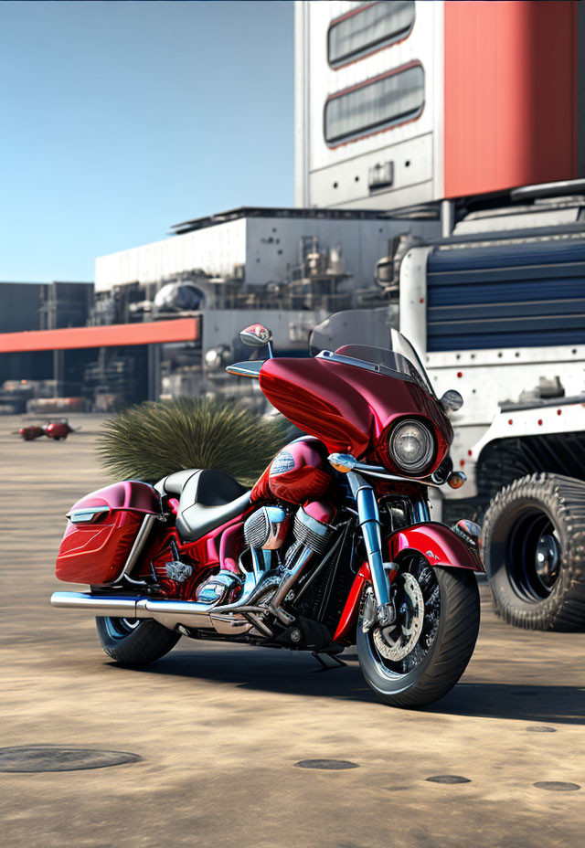 Red Touring Motorcycle with Windscreen and Saddlebags Parked Near Red Shipping Container