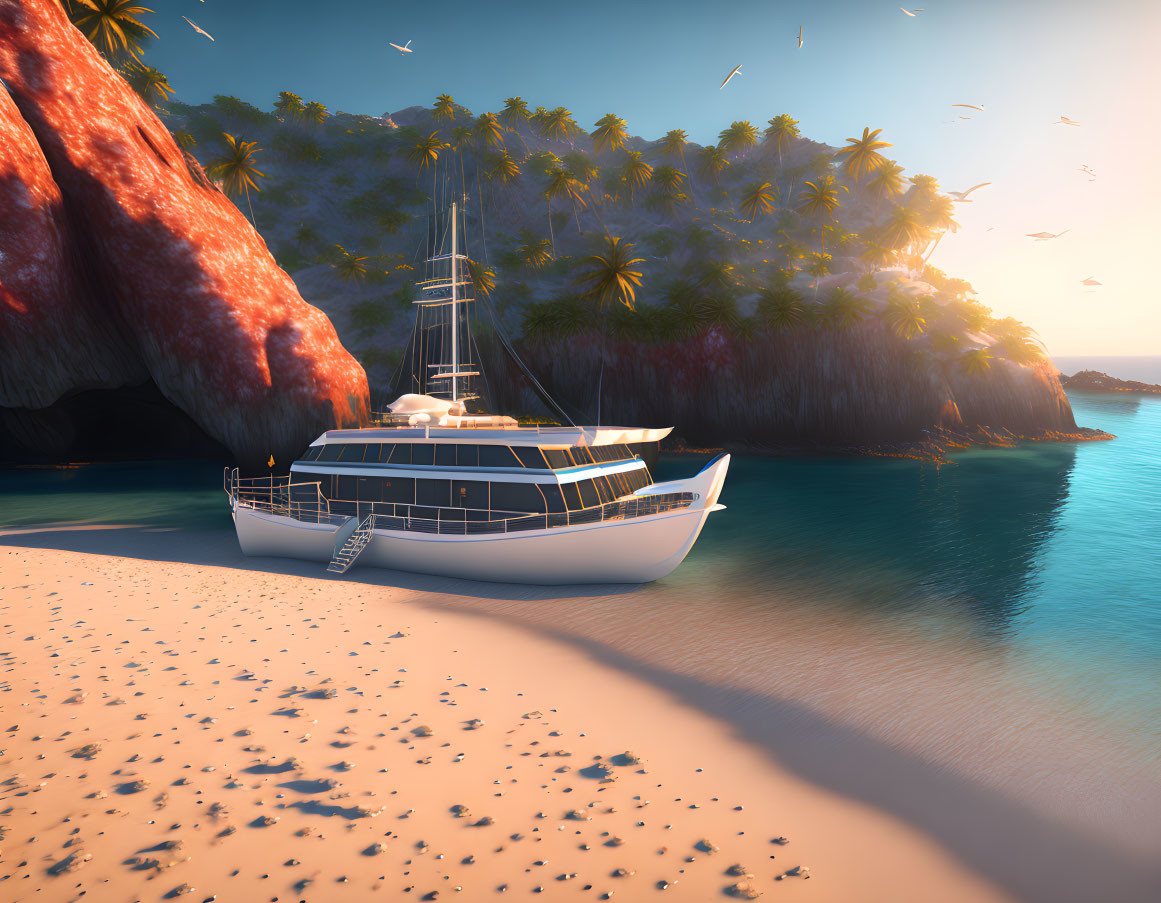 Luxury yacht near sandy beach with tropical cliffs, palm trees, and birds at sunset