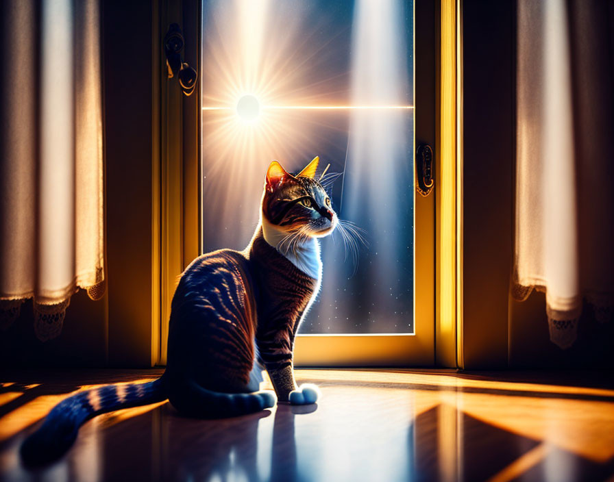 Striking Patterned Cat Sitting on Wooden Floor Near Glass Door