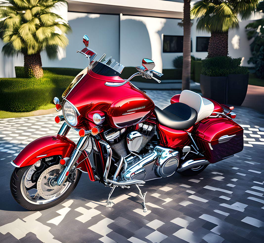 Shiny Red Touring Motorcycle with Chrome Details on Checkered Floor