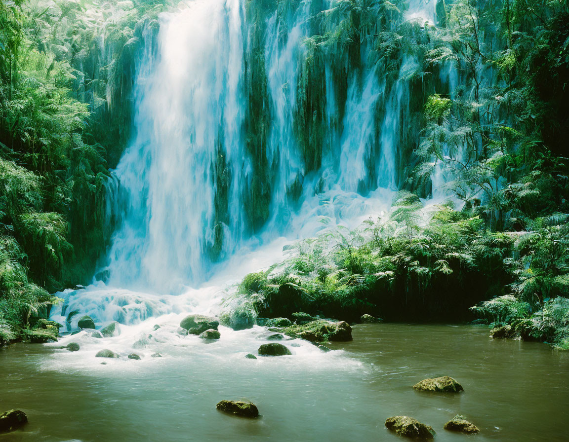 Lush Green Foliage Surrounding Cascading Waterfall