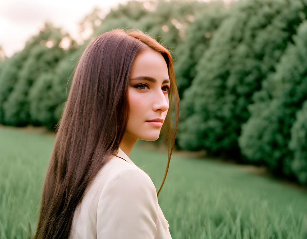 Woman with long brown hair in field with green trees